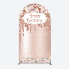 Aperturee - Aperturee Rose Gold Glitter Flowers Birthday Arch Backdrop