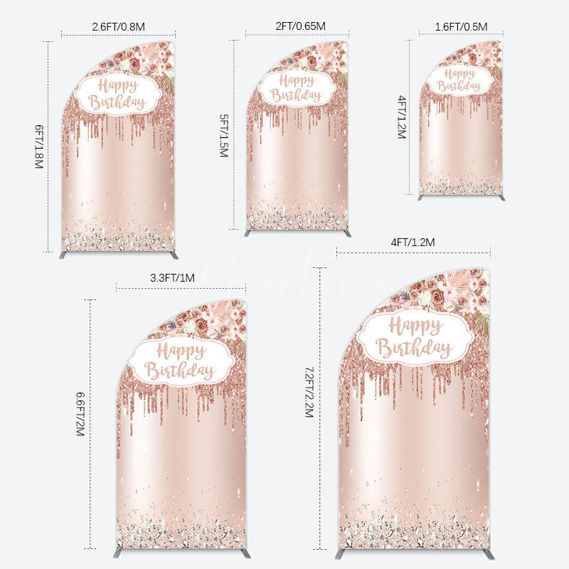 Aperturee - Aperturee Rose Gold Glitter Flowers Birthday Half Moon Arch Backdrop