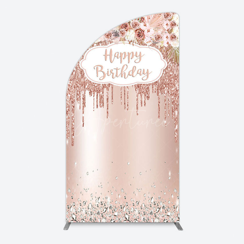 Aperturee - Aperturee Rose Gold Glitter Flowers Birthday Half Moon Arch Backdrop