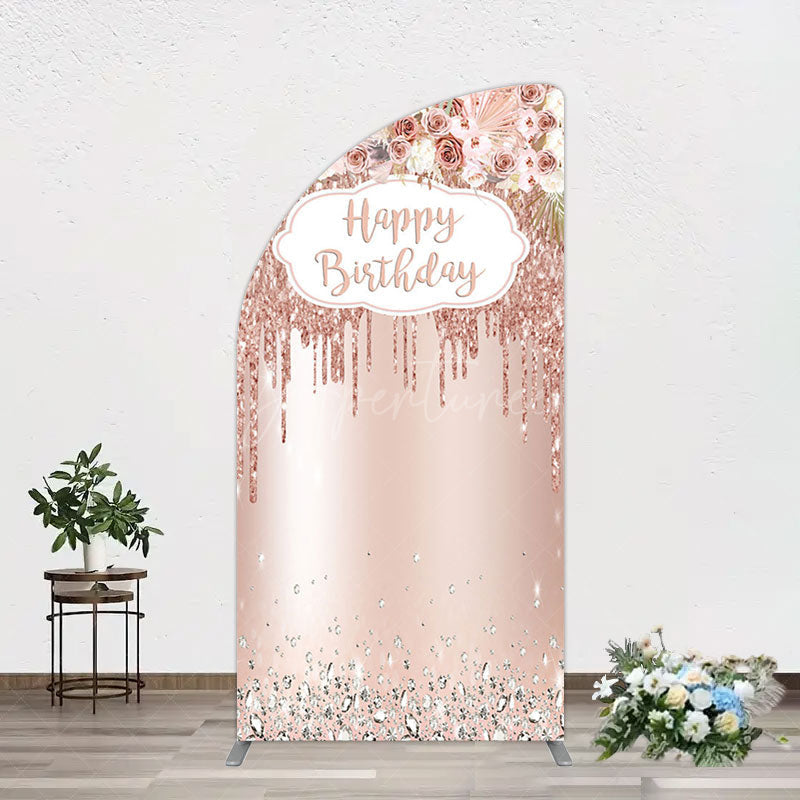 Aperturee - Aperturee Rose Gold Glitter Flowers Birthday Half Moon Arch Backdrop
