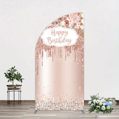 Aperturee - Aperturee Rose Gold Glitter Flowers Birthday Half Moon Arch Backdrop