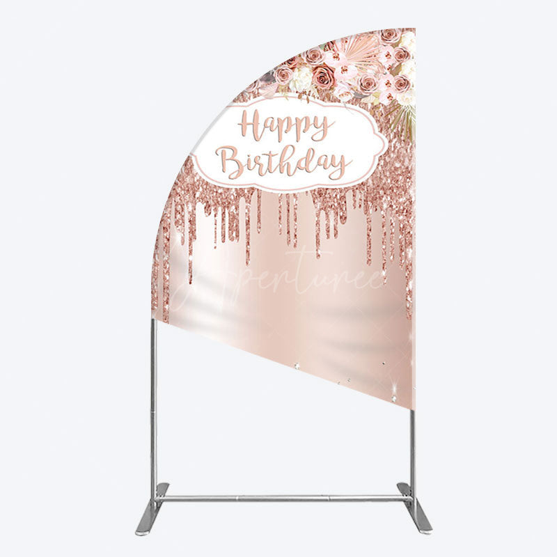 Aperturee - Aperturee Rose Gold Glitter Flowers Birthday Half Moon Arch Backdrop