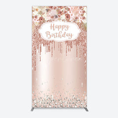 Aperturee - Aperturee Rose Gold Glitter Flowers Birthday Rectangle Backdrop