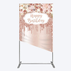 Aperturee - Aperturee Rose Gold Glitter Flowers Birthday Rectangle Backdrop