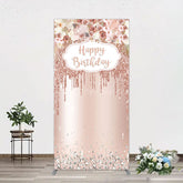 Aperturee - Aperturee Rose Gold Glitter Flowers Birthday Rectangle Backdrop
