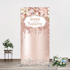 Aperturee - Aperturee Rose Gold Glitter Flowers Birthday Rectangle Backdrop