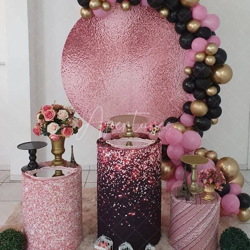 Aperturee - Aperturee Rose Gold Metallic Foil Texture Round Backdrop Kit Elegant Pink Glitter for Birthday Wedding or Bachelorette