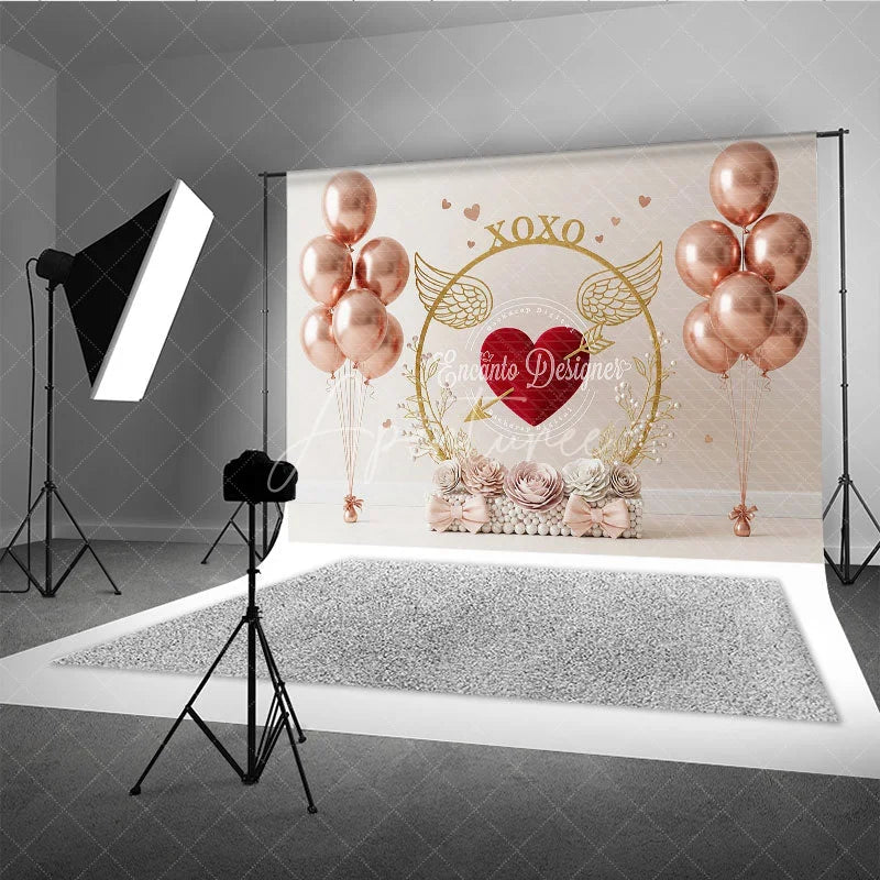 Aperturee - Aperturee Rose Gold Valentine Day Backdrop XOXO Heart Arrow Balloons Floral Background Sweet Love Theme Photography Banner