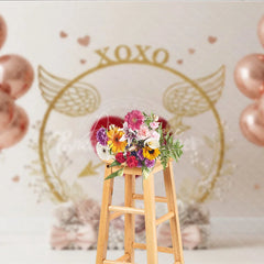 Aperturee - Aperturee Rose Gold Valentine Day Backdrop XOXO Heart Arrow Balloons Floral Background Sweet Love Theme Photography Banner