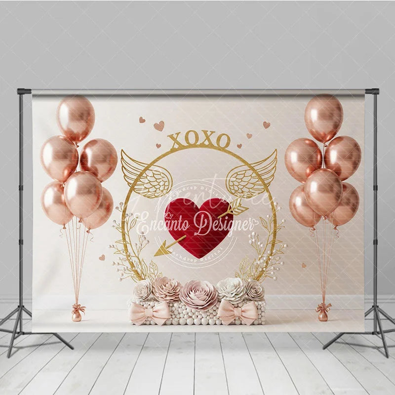 Aperturee - Aperturee Rose Gold Valentine Day Backdrop XOXO Heart Arrow Balloons Floral Background Sweet Love Theme Photography Banner