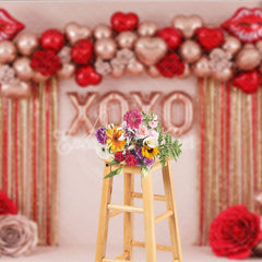 Aperturee - Aperturee Rose Gold XOXO Valentine Day Backdrop Red Lips Foil Balloons Tinsel Curtain Background Party Photography Prop