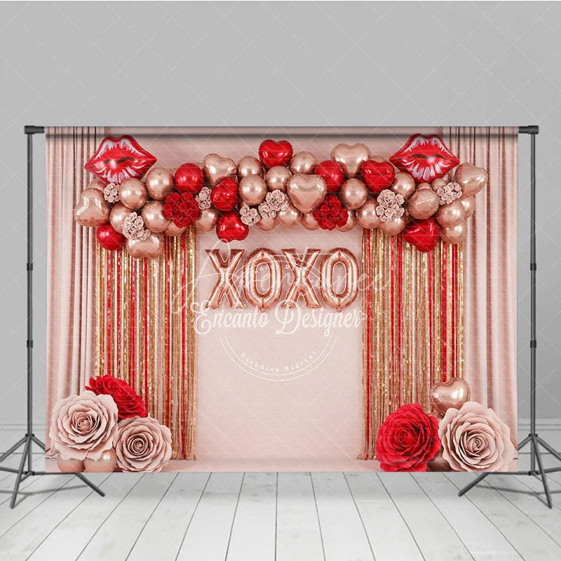 Aperturee - Aperturee Rose Gold XOXO Valentine Day Backdrop Red Lips Foil Balloons Tinsel Curtain Background Party Photography Prop