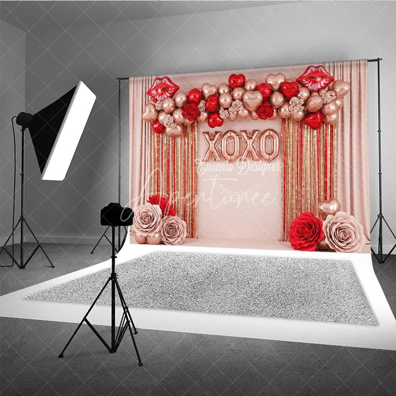 Aperturee - Aperturee Rose Gold XOXO Valentine Day Backdrop Red Lips Foil Balloons Tinsel Curtain Background Party Photography Prop