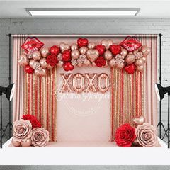 Aperturee - Aperturee Rose Gold XOXO Valentine Day Backdrop Red Lips Foil Balloons Tinsel Curtain Background Party Photography Prop