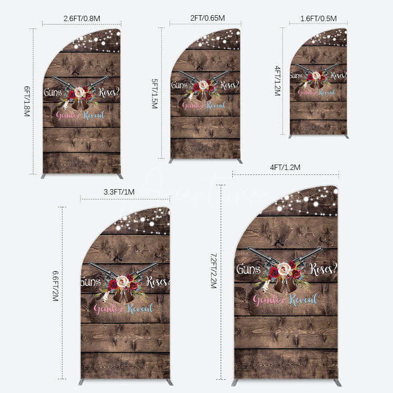 Aperturee - Aperturee Rose Guns Wooden Gender Reveal Half Moon Arch Backdrop