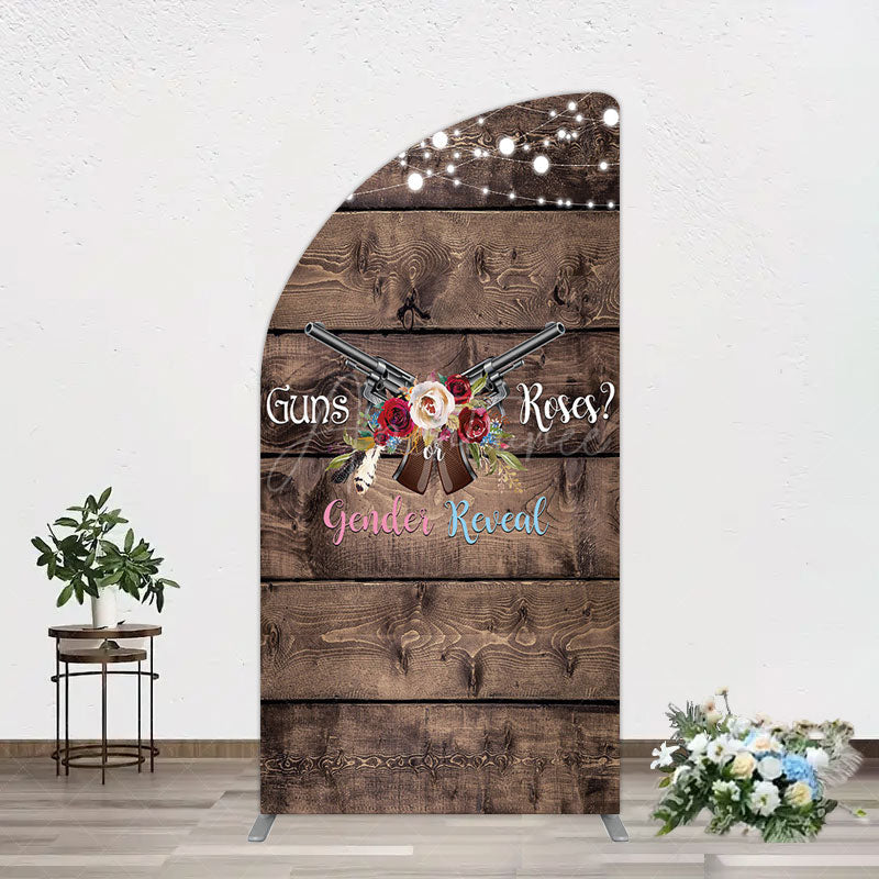 Aperturee - Aperturee Rose Guns Wooden Gender Reveal Half Moon Arch Backdrop