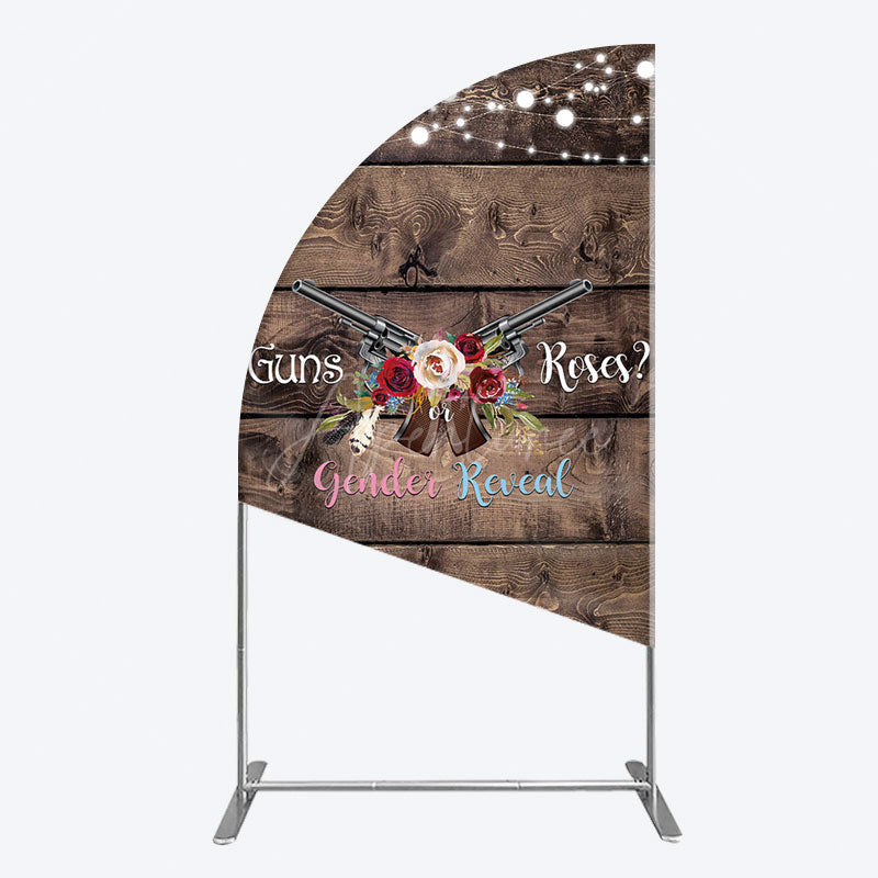 Aperturee - Aperturee Rose Guns Wooden Gender Reveal Half Moon Arch Backdrop