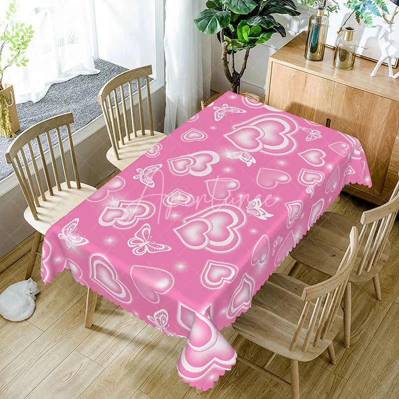 Aperturee - Aperturee Rose Pink Glowing Heart Butterfly Rectangle Tablecloth Soft Pastel Neon Design Romantic Kitchen Dining Decor