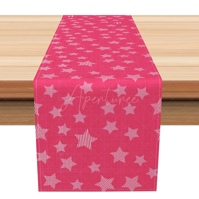Aperturee - Aperturee Rose Pink Table Runner with Stripe and Star Pattern for Girls Birthday Party and Cute Kitchen Decor