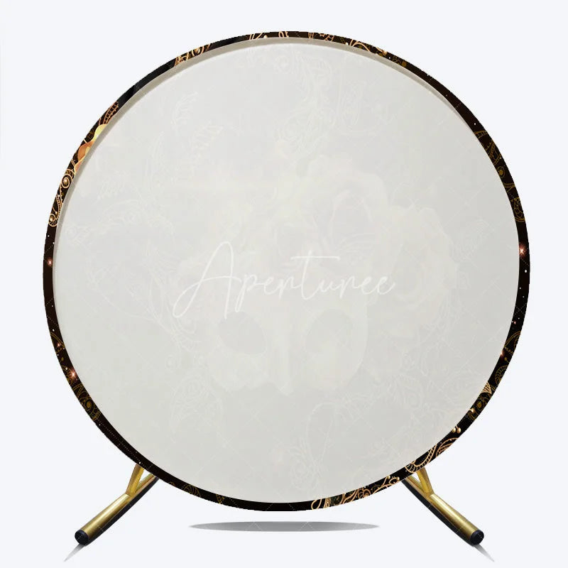 Aperturee - Aperturee Round Backdrop Black and Gold Masquerade Mask Vintage Roses Paisley Circle Cover