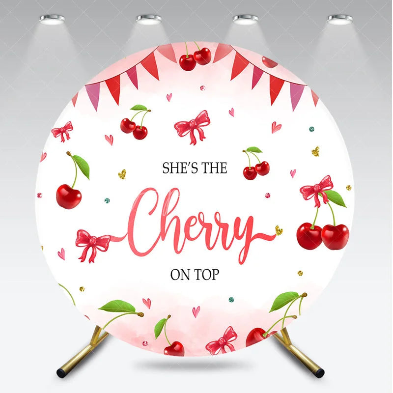 Aperturee - Aperturee Round Backdrop Cherry on Top Baby Shower Sweet Red Fruit Pink Bows Girl Circle Cover