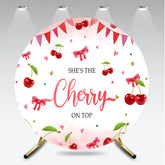 Aperturee - Aperturee Round Backdrop Cherry on Top Baby Shower Sweet Red Fruit Pink Bows Girl Circle Cover