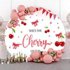 Aperturee - Aperturee Round Backdrop Cherry on Top Baby Shower Sweet Red Fruit Pink Bows Girl Circle Cover