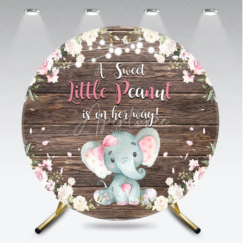Aperturee - Aperturee Round Backdrop Elephant Baby Shower Pink Floral Wood Background A Sweet Little Peanut