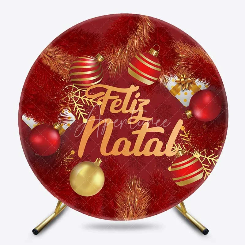 Aperturee - Aperturee Round Backdrop Feliz Natal Red Pine Needles Cover Christmas Ball Ornaments Circle Background Winter Holiday Decor