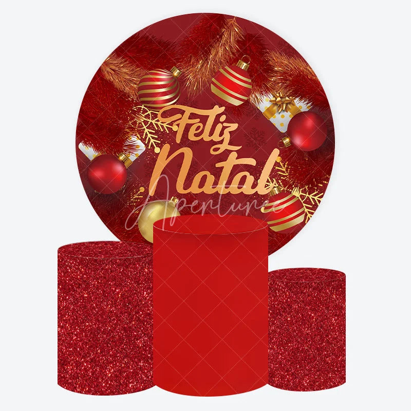 Aperturee - Aperturee Round Backdrop Feliz Natal Red Pine Needles Cover Christmas Ball Ornaments Circle Background Winter Holiday Decor