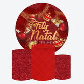 Aperturee - Aperturee Round Backdrop Feliz Natal Red Pine Needles Cover Christmas Ball Ornaments Circle Background Winter Holiday Decor