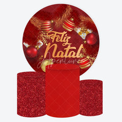 Aperturee - Aperturee Round Backdrop Feliz Natal Red Pine Needles Cover Christmas Ball Ornaments Circle Background Winter Holiday Decor