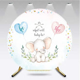 Aperturee - Aperturee Round Backdrop for Gender Reveal Cute Elephant and Pink Blue Heart Balloons What Will Baby Be Party Background