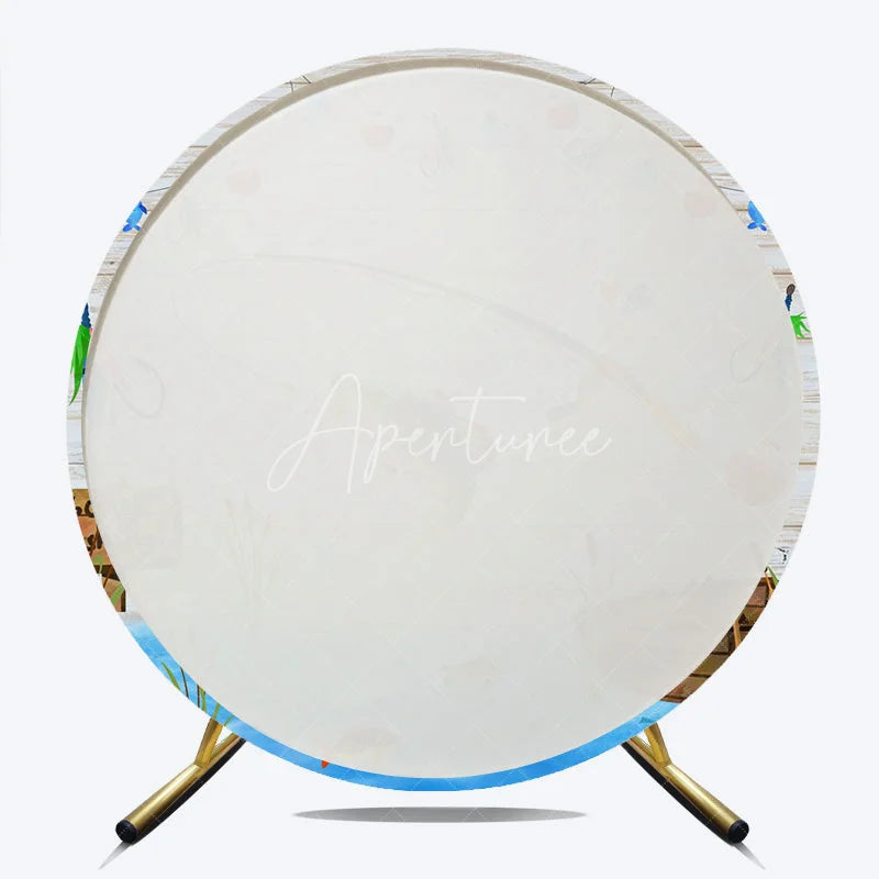 Aperturee - Aperturee Round Backdrop Gone Fishing Theme Baby Shower Bass Fish Wood Planks Party Supplies