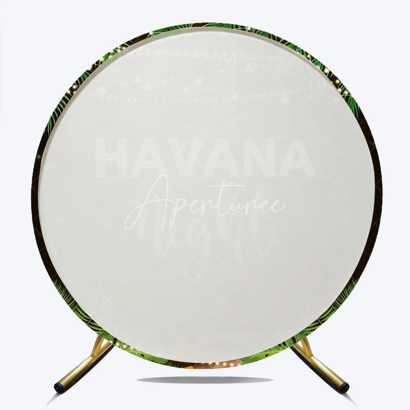 Aperturee - Aperturee Round Backdrop Havana Nights Tropical Leaves Cigar and String Lights Circle Background Cuban Theme Party Decoration