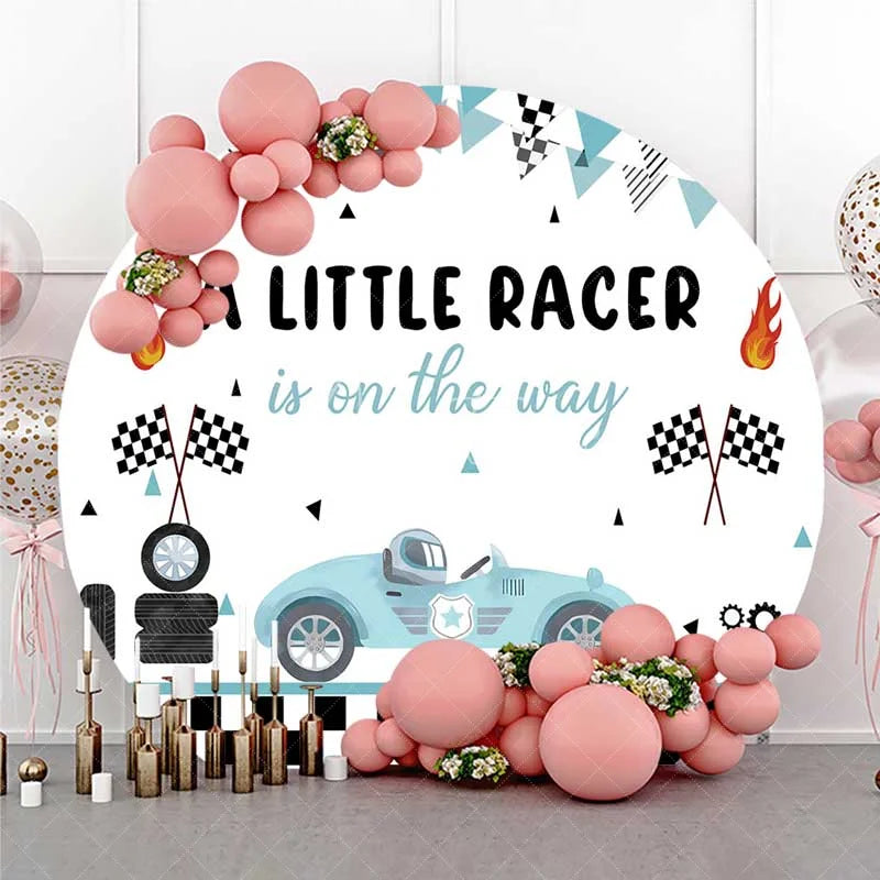 Aperturee - Aperturee Round Backdrop Little Racer Blue Race Car Checkered Flag Baby Shower Circle Cover