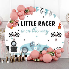 Aperturee - Aperturee Round Backdrop Little Racer Blue Race Car Checkered Flag Baby Shower Circle Cover