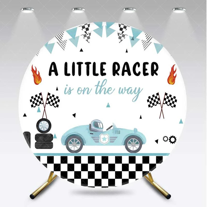 Aperturee - Aperturee Round Backdrop Little Racer Blue Race Car Checkered Flag Baby Shower Circle Cover