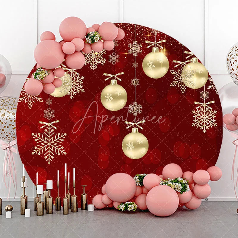 Aperturee - Aperturee Round Backdrop Red Christmas Gold Baubles Winter Xmas Snowflakes Sparkle Circle Cover