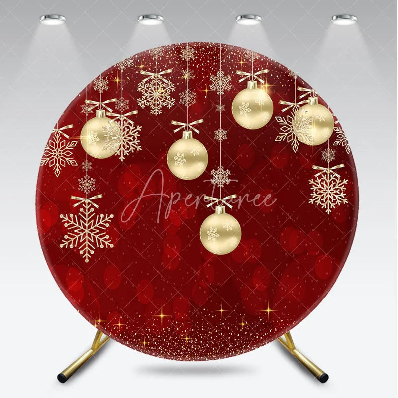 Aperturee - Aperturee Round Backdrop Red Christmas Gold Baubles Winter Xmas Snowflakes Sparkle Circle Cover