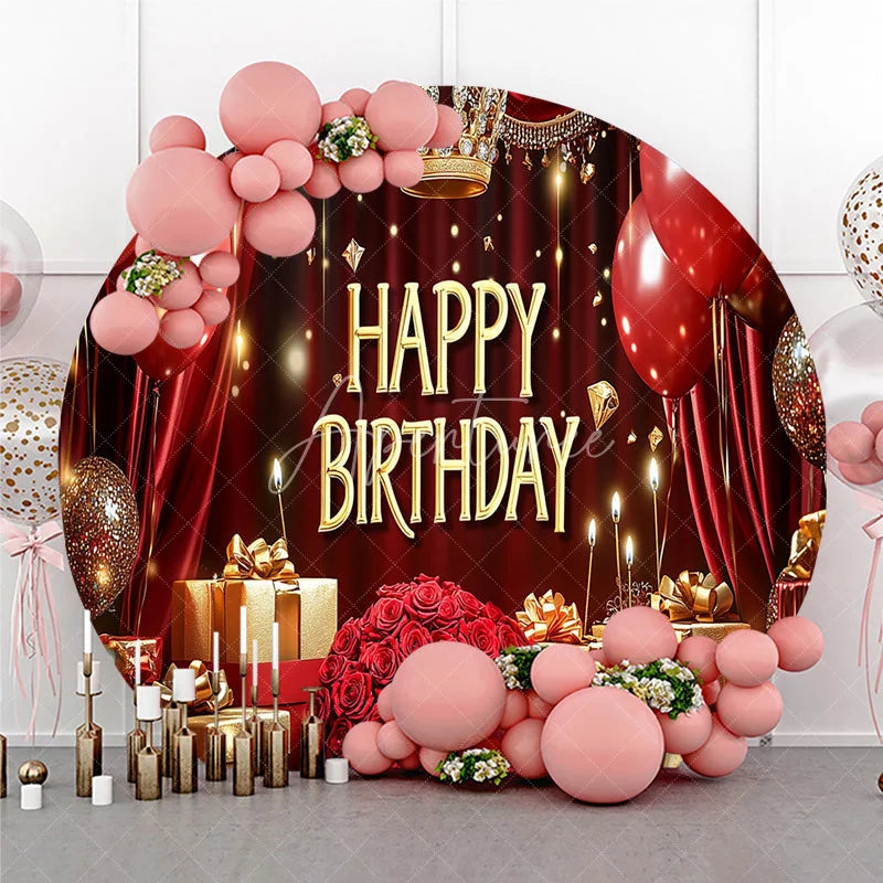 Aperturee - Aperturee Round Backdrop Royal Red and Gold Happy Birthday Crown Balloons Rose Party Supplies