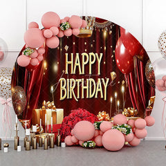 Aperturee - Aperturee Round Backdrop Royal Red and Gold Happy Birthday Crown Balloons Rose Party Supplies