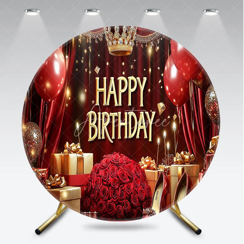 Aperturee - Aperturee Round Backdrop Royal Red and Gold Happy Birthday Crown Balloons Rose Party Supplies