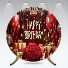 Aperturee - Aperturee Round Backdrop Royal Red and Gold Happy Birthday Crown Balloons Rose Party Supplies
