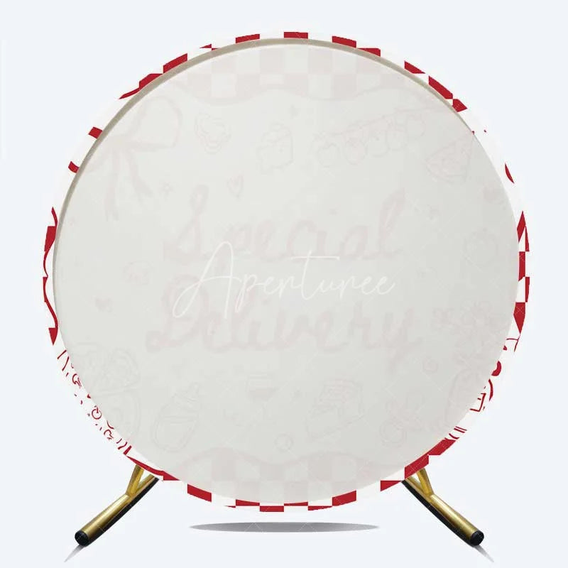 Aperturee - Aperturee Round Backdrop Special Delivery Pizza and Wine Baby Shower Background Red Checkered Food Theme Party Decor