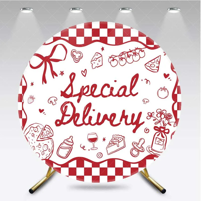 Aperturee - Aperturee Round Backdrop Special Delivery Pizza and Wine Baby Shower Background Red Checkered Food Theme Party Decor