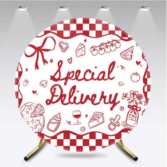 Aperturee - Aperturee Round Backdrop Special Delivery Pizza and Wine Baby Shower Background Red Checkered Food Theme Party Decor