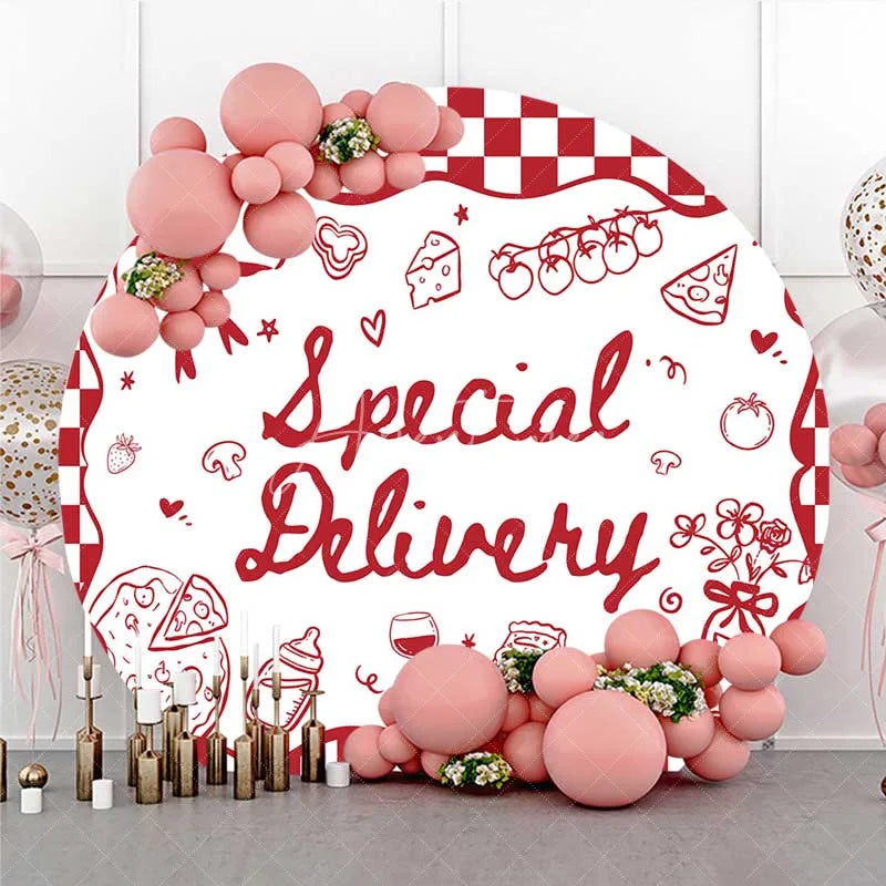 Aperturee - Aperturee Round Backdrop Special Delivery Pizza and Wine Baby Shower Background Red Checkered Food Theme Party Decor