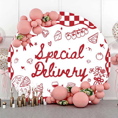 Aperturee - Aperturee Round Backdrop Special Delivery Pizza and Wine Baby Shower Background Red Checkered Food Theme Party Decor