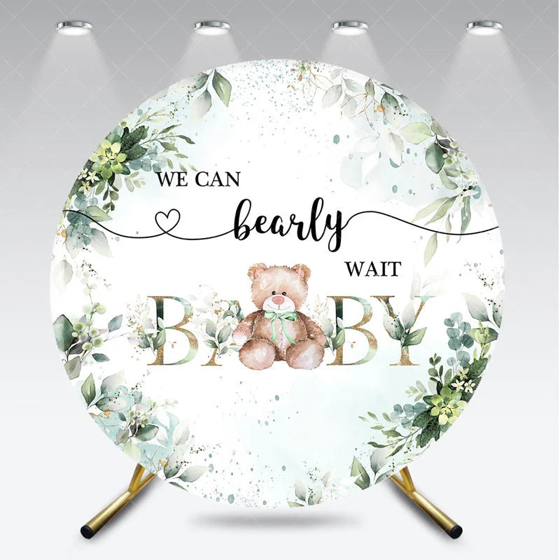 Aperturee - Aperturee Round Backdrop We Can Bearly Wait Baby Shower Teddy Bear Eucalyptus Greenery Decor